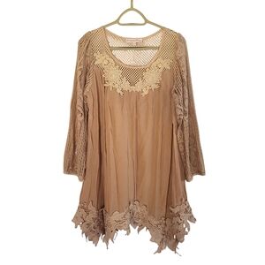 Pretty Angel Boho Lace Crochet Tunic Dress Mauve Linen Blend L Large